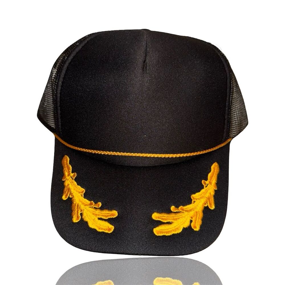 OTTO Black 5 Panel Trucker Hat Gold Leaf Embroidery Snapback Unisex
